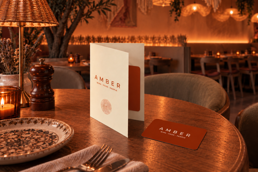 The Amber gift card on a table at Amber