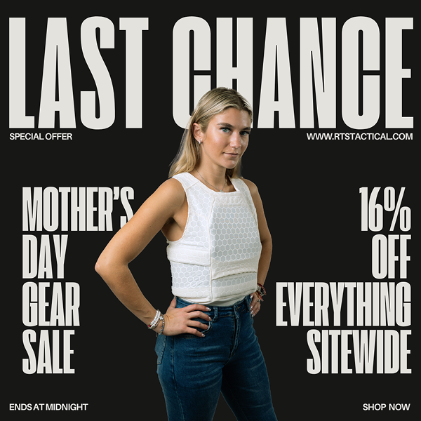Woman wearing RTS Tactical Sleeveless Ballistic Compression Shirt. Text overlay: Last Chance – Mother's Day Gear Sale. 16% Off Everything Sitewide. Ends at Midnight.