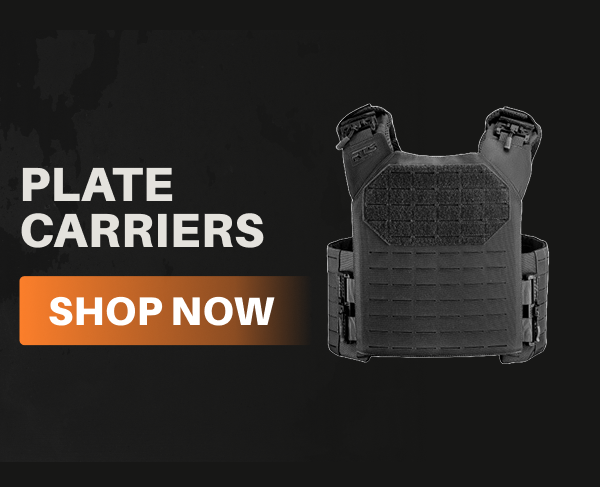 RTS Tactical black laser-cut plate carrier. Text overlay: Plate Carriers – Shop Now.