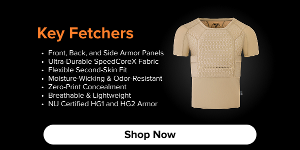 Key features of the RTS Tactical Compression Shirt: front, back, and side armor, SpeedCoreX fabric, second-skin fit, moisture-wicking, lightweight, and NIJ HG1/HG2 certified
