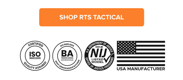 Shop RTS Tactical button with ISO 9001, BA 9000, NIJ certification badges and USA manufacturer emblem.