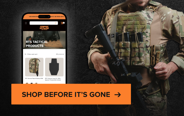 RTS Tactical gear and website shown on phone next to operator in tactical vest holding rifle. Shop the sale.