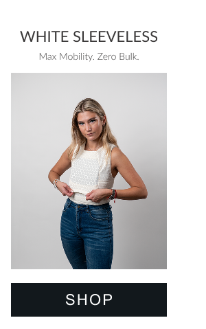 White sleeveless ballistic compression shirt with concealed armor panel