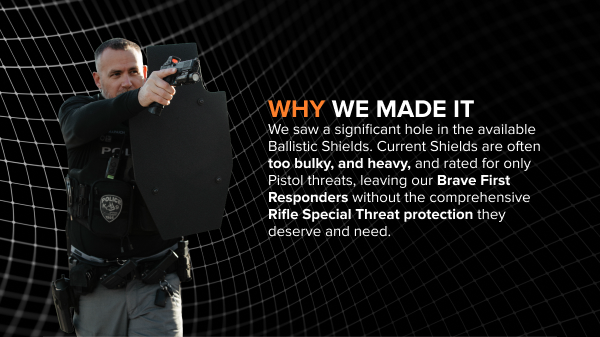Police officer holding RTS Tactical Mini Shield with text explaining the need for lightweight rifle-rated ballistic protection for first responders.