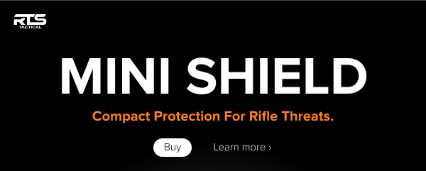 RTS Tactical Mini Shield headline with buttons to buy or learn more. Compact protection for rifle threats.