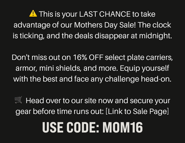 lack background with alert icon and white text urging customers to act before RTS Tactical's Mother's Day Sale ends. Promo code: MOM16 for 16% off.