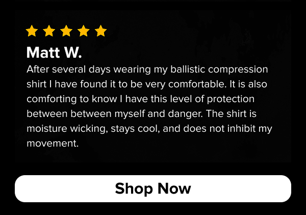 5-star review from Matt W. noting protection, moisture-wicking, cooling, and unrestricted movement