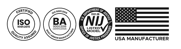 Certifications and USA Manufacturer badge: ISO, NIJ, and BA standards
