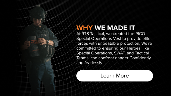 RTS Tactical officer in tactical gear holding ballistic shield – RICO Vest designed for elite protection