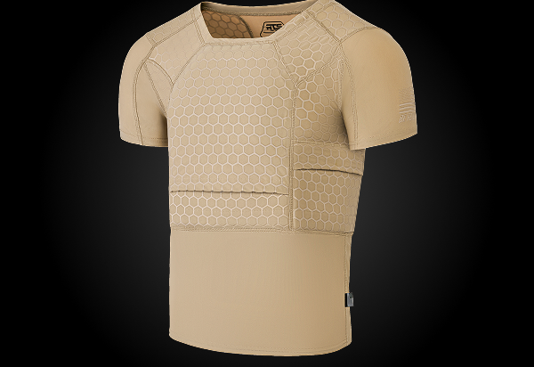 RTS Tactical Ballistic Compression Shirt in tan with hex pattern and ergonomic armor panel design