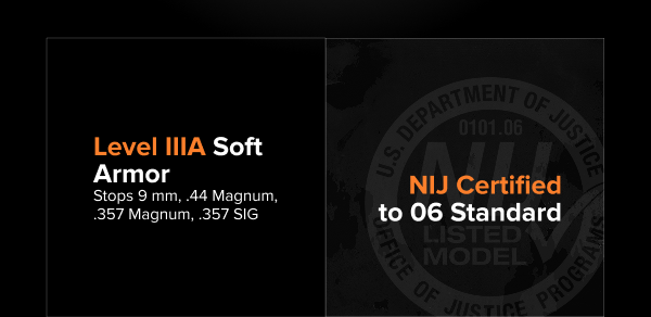  Level IIIA Soft Armor – Stops 9mm, .44 Magnum, .357 Magnum, .357 SIG – NIJ 0101.06 Certified