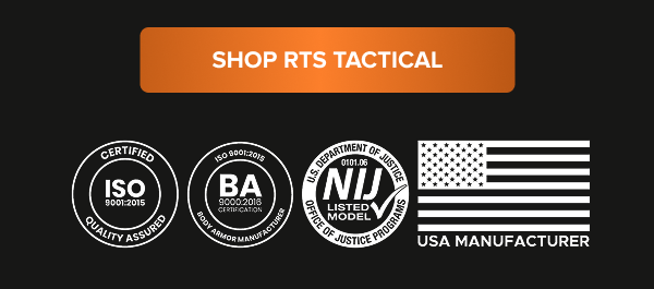 Shop RTS Tactical button with ISO 9001, BA 9000, NIJ certification badges and USA manufacturer emblem.