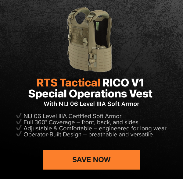 TS Tactical RICO V1 Special Operations Vest in coyote brown with text highlights: NIJ 06 Level IIIA Certified Soft Armor, 360° Coverage, Adjustable Fit, Operator-Built Design.