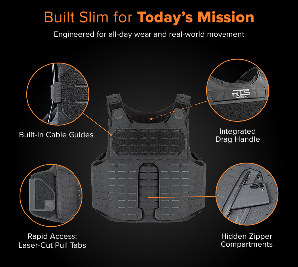 Slim Tac vest with callouts showing built-in cable guides, integrated drag handle, laser-cut pull tabs, and hidden zipper compartments