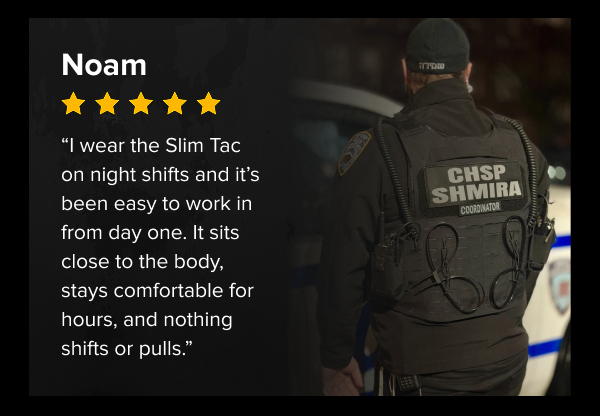 Officer wearing RTS Tactical Slim Tac vest during patrol showing close-to-body fit and integrated cable routing