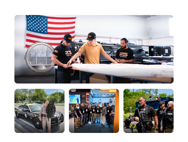 RTS Tactical USA manufacturing showing team members building ceramic armor, machinery forming panels, a team industry photo, and a technician finishing armor—highlighting American-made quality.
