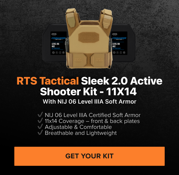 RTS Tactical Sleek 2.0 Active Shooter Kit 11x14 with NIJ 06 Level IIIA Soft Armor. Includes front and back armor panels and tan plate carrier with Get Your Kit button.