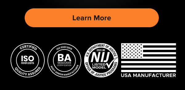RTS Tactical quality and compliance icons including ISO certification, NIJ listed model badge, and USA manufacturer emblem