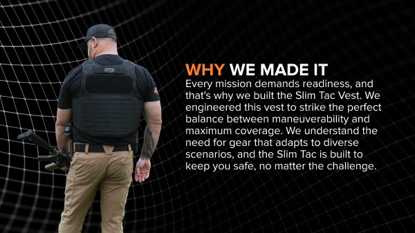 Rear view of an operator wearing the Slim Tac vest with text explaining why RTS Tactical designed the vest for mission readiness