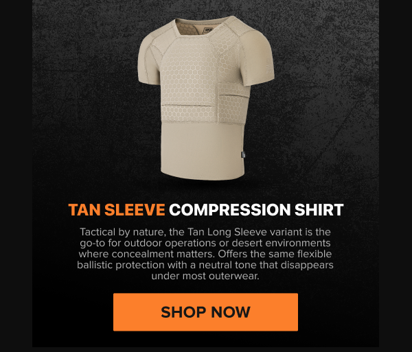 RTS Tactical Tan Sleeve Compression Shirt – tactical ballistic protection for desert or outdoor concealment operations.