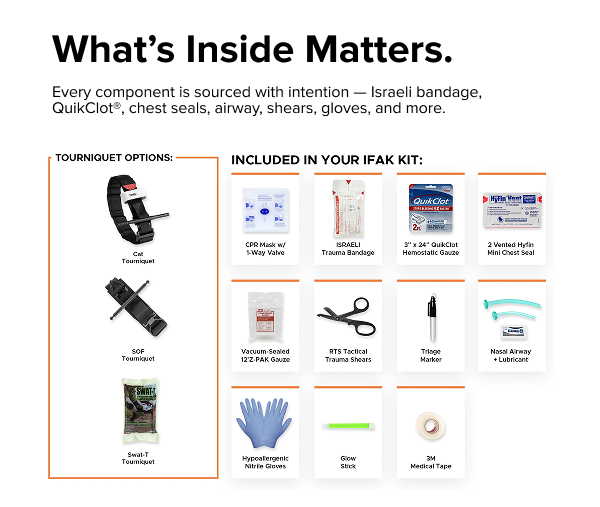 RTS Tactical Rapid Deploy IFAK contents including Israeli bandage, QuikClot gauze, chest seals, airway, shears and tourniquet options