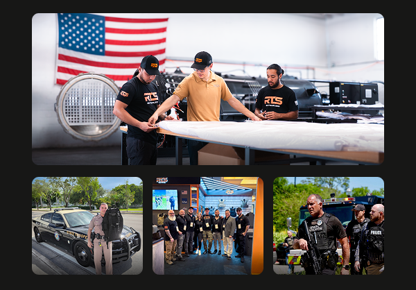 RTS Tactical USA manufacturing showing team members building ceramic armor, machinery forming panels, a team industry photo, and a technician finishing armor—highlighting American-made quality.