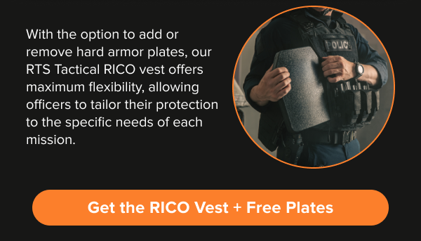 Officer holding ballistic plate beside vest
