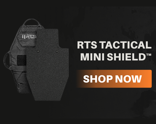 RTS Tactical Mini Shield with black carrier. Text overlay: RTS Tactical Mini Shield – Shop Now.