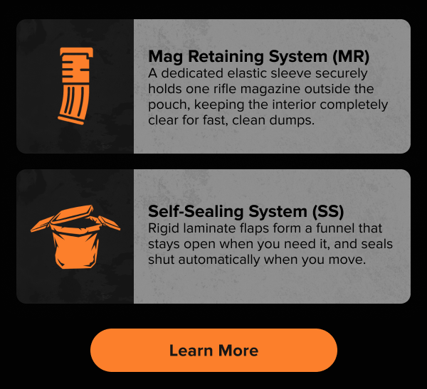MRSS Dump Pouch featuring an external Mag Retaining System for secure rifle magazine storage and a self-sealing funnel design for fast, clean dumps while moving.