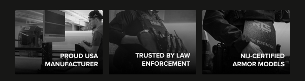 RTS Tactical manufacturing facility, a law enforcement officer wearing a plate carrier, and a close-up of an NIJ-certified ballistic plate — representing USA manufacturing, law enforcement trust, and certified protection.