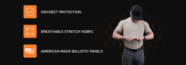 Three icons highlighting features of RTS Tactical Compression Shirts: discreet protection, breathable stretch fabric, and American-made ballistic panels.