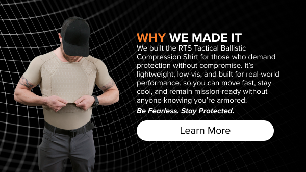 Operator adjusting RTS Tactical Compression Shirt with message: built for comfort, speed, and stealth