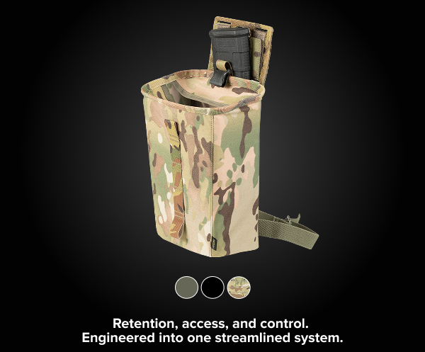 RTS Tactical MRSS Dump Pouch shown deployed in Multicam, featuring a structured opening and external magazine retention.