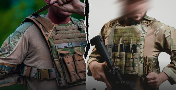 Split image showing two operators in camouflage tactical gear and plate carriers, highlighting durability and versatility in the field.