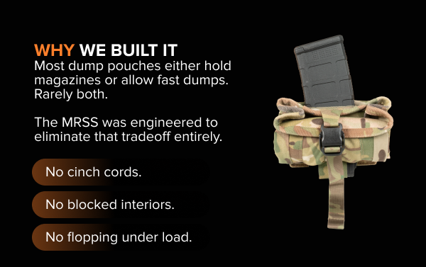 MRSS Dump Pouch designed to eliminate the tradeoff between secure retention and fast magazine dumps.