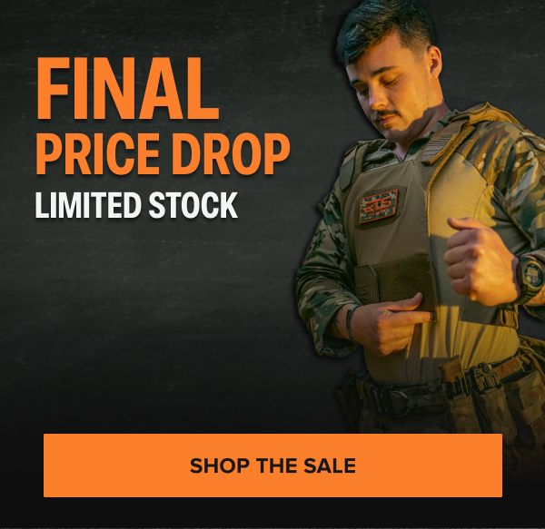 RTS Tactical Final Price Drop banner. Tactical operator adjusting plate carrier with text: Final Price Drop, Limited Stock, Shop the Sale button.