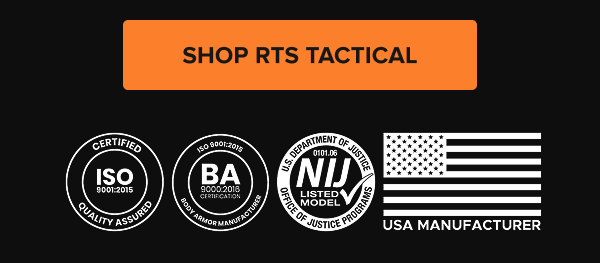 Shop RTS Tactical button with ISO 9001, BA 9000, NIJ certification badges and USA manufacturer emblem.