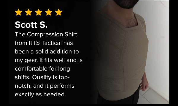 5-star review from Scott S. praising fit, comfort, and performance of RTS Tactical Compression Shirt