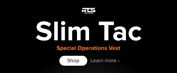RTS Tactical Slim Tac Special Operations Vest headline with Shop and Learn More buttons on a black background