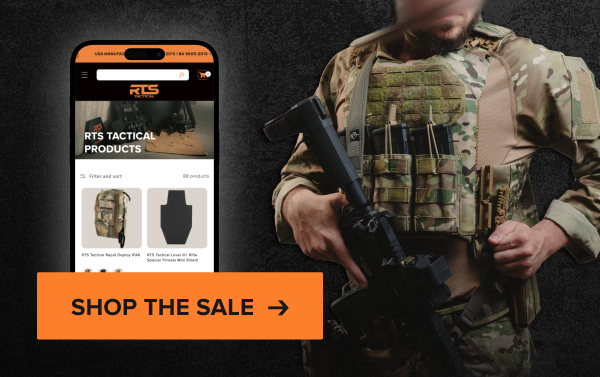 RTS Tactical gear and website shown on phone next to operator in tactical vest holding rifle. Shop the sale.