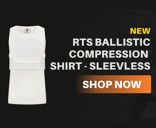 RTS Ballistic Compression Shirt – Sleeveless, front view. Text overlay: New – RTS Ballistic Compression Shirt – Shop Now.
