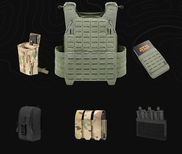 Sneak peek of RTS Tactical's upcoming plate carrier system and modular attachments, including rifle mag pouches, utility pouch, and armor plate insert displayed on a black tactical background.