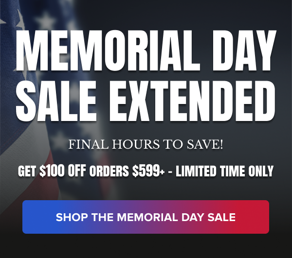 Memorial Day Weekend – Save $100 on orders $599+ with code HONOR100. Tribute to the fallen with American flag background. CTA: Shop the Memorial Day Sale.