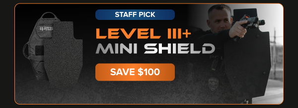 RTS Tactical Level III+ Mini Shield – Law enforcement officer aiming with the shield deployed. Save $100.
