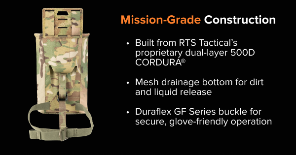 RTS Tactical MRSS Dump Pouch built with dual-layer 500D Cordura, mesh drainage, and a Duraflex buckle.