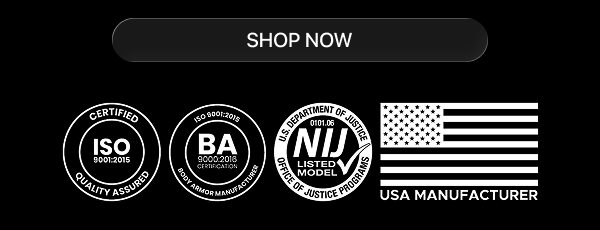 Certification badges including NIJ, ISO, and USA manufacturer flag