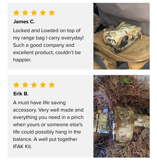 Customer review of RTS Tactical Rapid Deploy IFAK mounted on a range bag with five-star rating