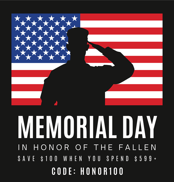 Memorial Day Sale – Silhouette of a soldier saluting in front of the American flag. Save $100 on orders $599+ with code HONOR100.