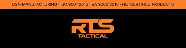 RTS Tactical logo with USA Manufacturing, ISO 9001:2015, and BA 9000:2016 certifications.