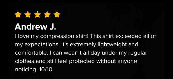 5-star review from Andrew J. highlighting lightweight, comfortable fit, and discreet wear
